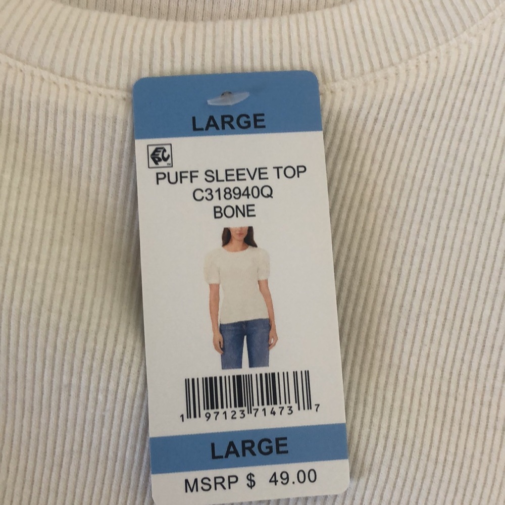 NWT Vince Camuto Puff Sleeve Top Bone Short Sleeve New Ribbed Size Large L New - Picture 6 of 8